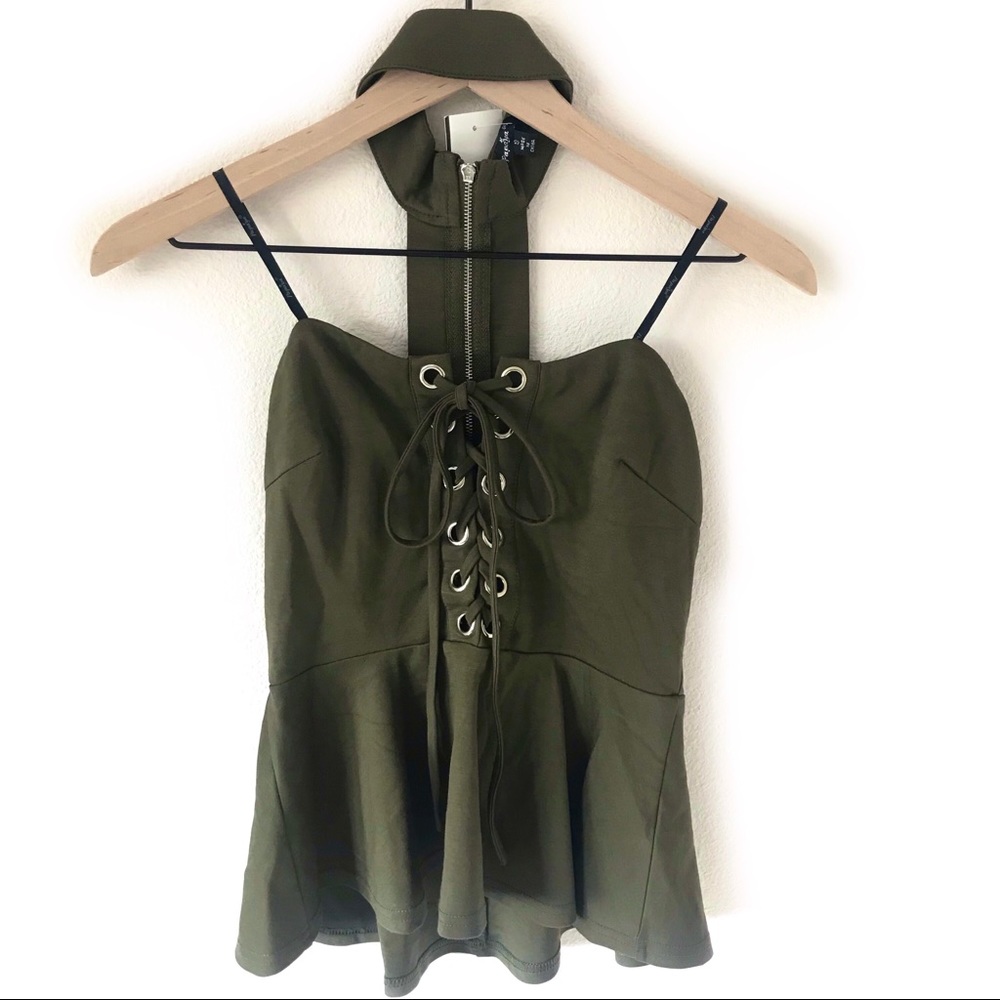 PAPAYA Olive Green Strapless Sexy Peplum Top (S)